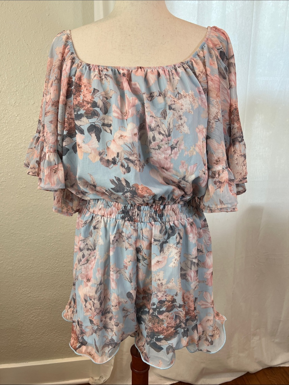 Free the Roses Light Blue Floral Romper with Pink Accents